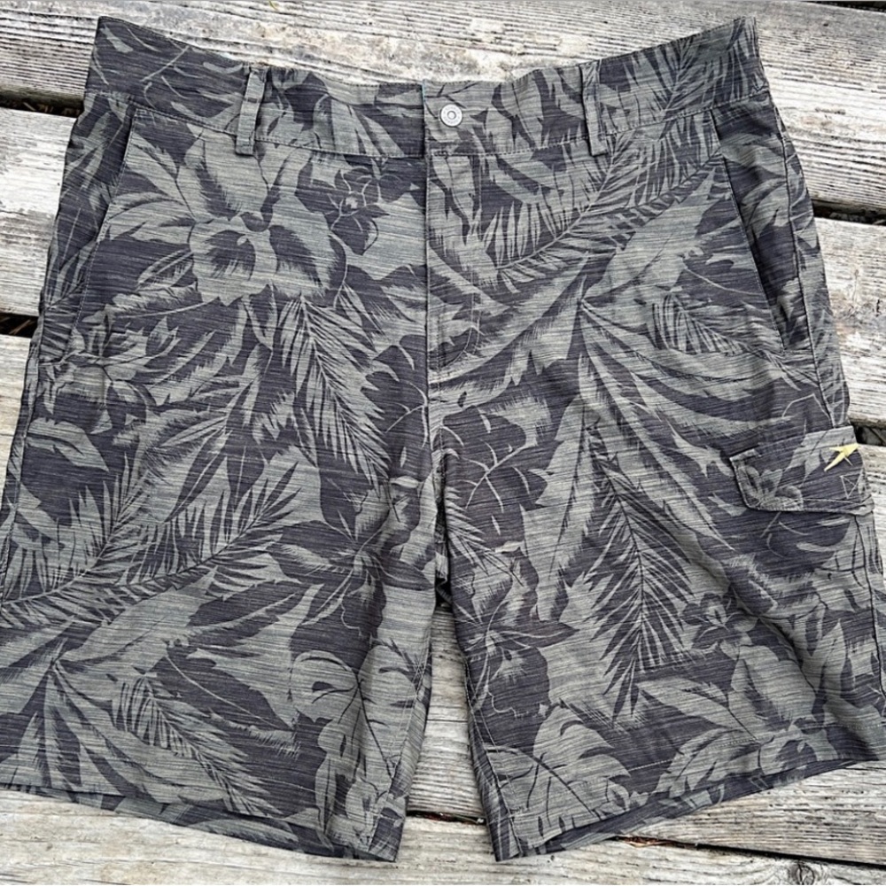 Speedo 4 Way Stretch Canteen Brown Hawaiian Pattern Cargo Swim Board Short Sz 36